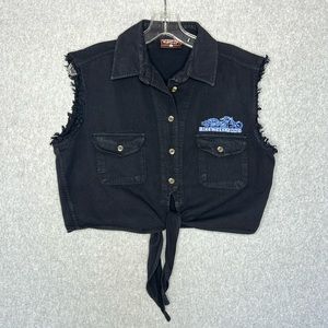 Vtg Y2K Bike Week 2004 Black Cotton Denim Tie Sleeveless Cropped Top Size Large